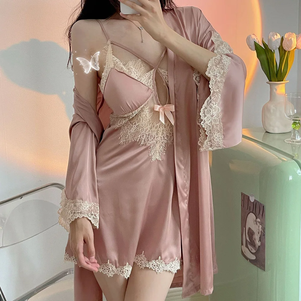 

Sexy Female 2PCS Robe Set Suspender Nightgown Patchwork Lace Nightdress Sleepwear New Summer Satin Kimono Bathrobe Gown Homewear