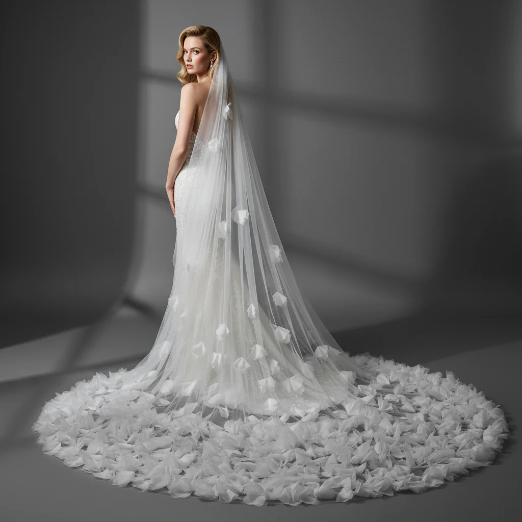 Long Cathedral Wedding Veil with Floral Tulle Appliques Extra Long Trailing Grand Elegant Formal Bridal Veil G126