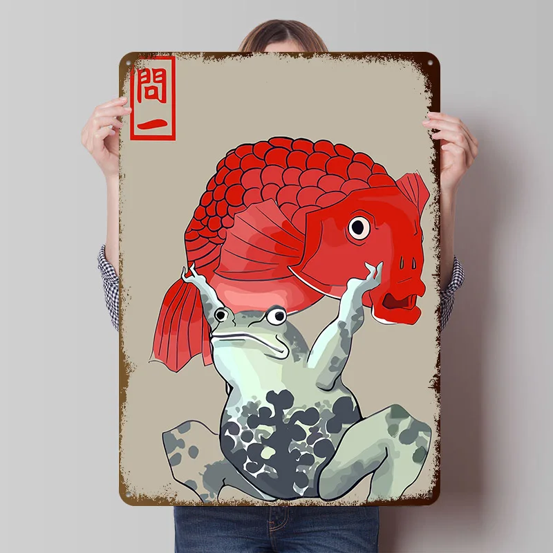 

Frog Carrying a Red Fish Metal Poster Customized Wall Art Retro Vintage Tinplate Signs for Man Cave Home Decor Accessories House