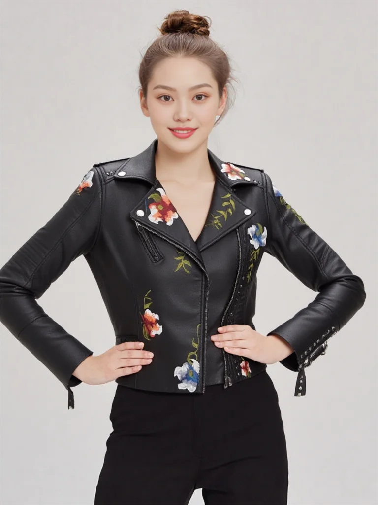 العلامة التجارية الجديدة المرأة الرجعية الأزهار طباعة التطريز فو سترة جلدية ناعمة معطف بدوره إلى أسفل طوق بولي Moto موتو السائق الأسود فاسق ملابس خارجية #1