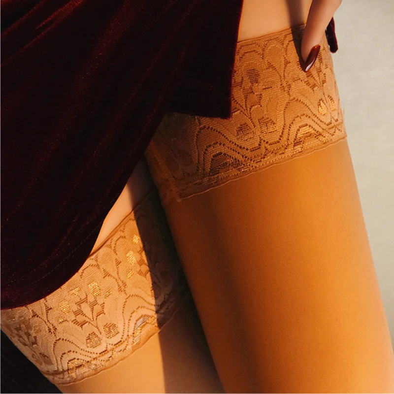 120D Soft Velvet Leg Warmers Women Sexy Lace Top Thigh High Stockings Silicone Non-slip Medias De Mujer Party Cosplay Lingerie