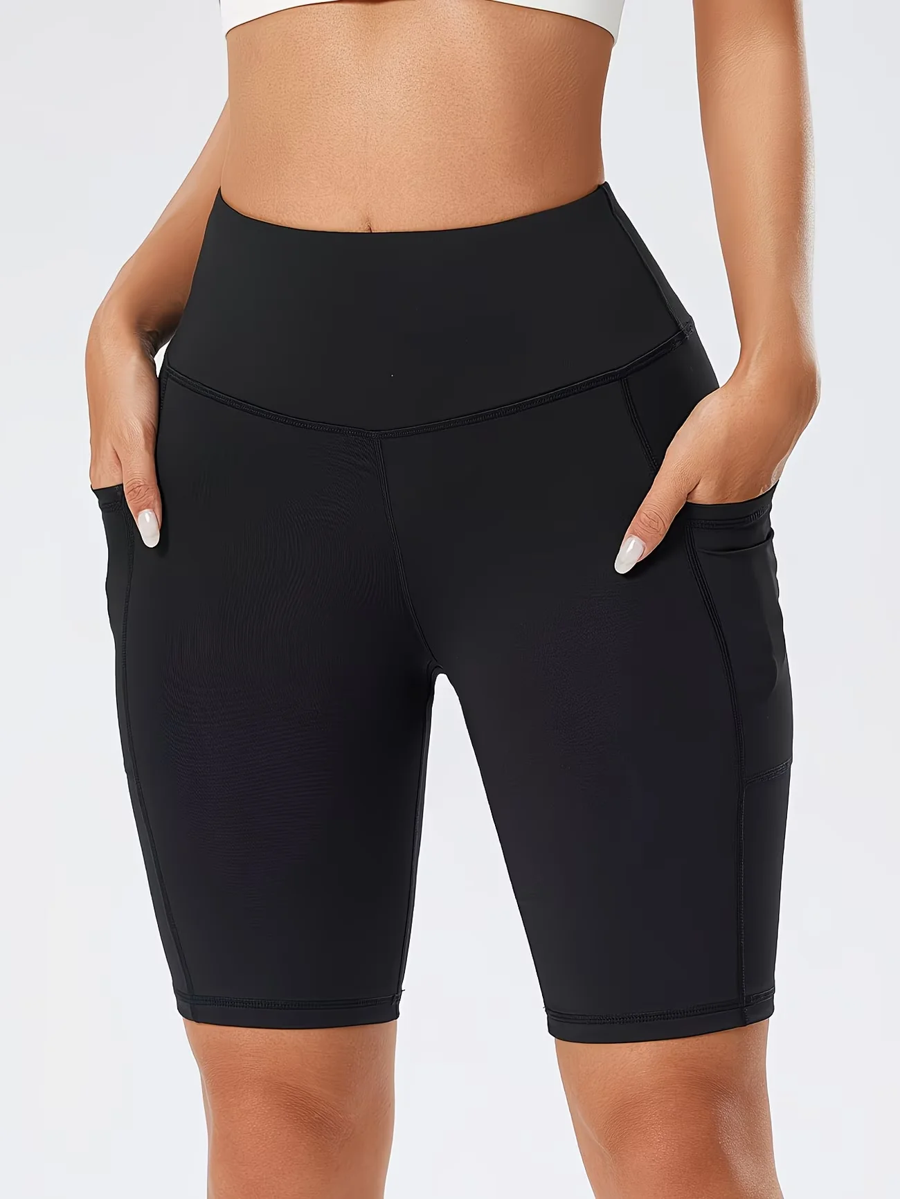 Summer High Waist Sports Shorts With Side Pockets Running Yoga Capris Trousers Fashion Sports Fitness Pants Elastic Leggings