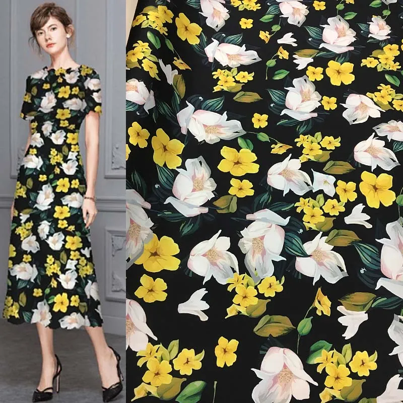 Silk Stretch Satin Fabric Black Bottom Hand-painted Small Yellow Flower Lily Print High Quality Mulberry Silk Skirt Fabric Meter