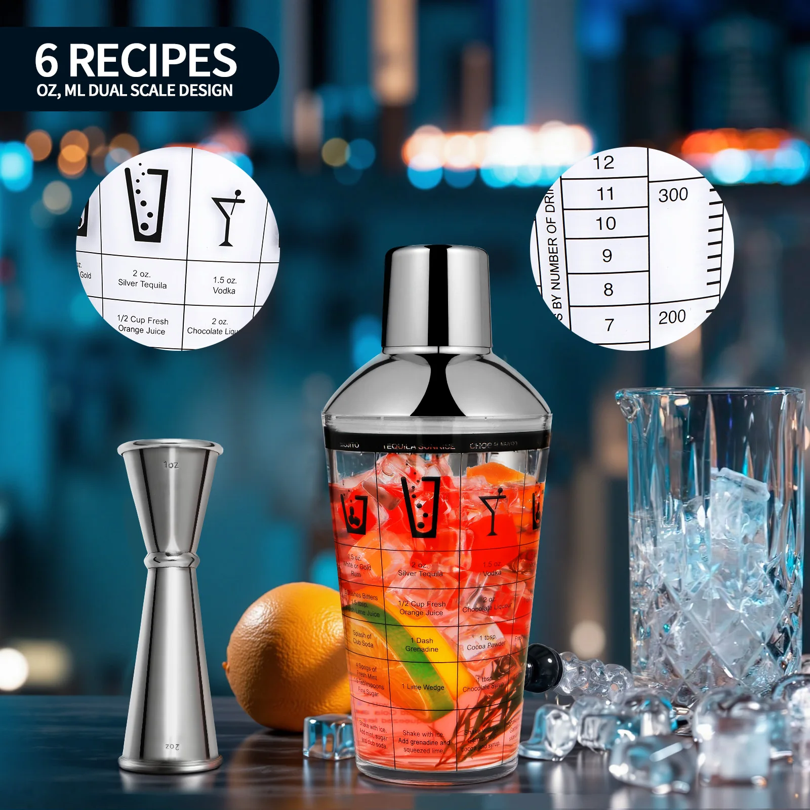 Coctelera de cristal de 400ml, coctelera de té de la leche y limón para barman, herramientas para tienda de bebidas frías, juego de Mezclador de vino corporal con 2 escalas y 6 recetas