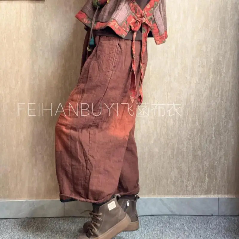 กางเกงขายาวทรงฮาเร็มสไตล์วินเทจผ้าฝ้ายลินินเนื้อหนาอุ่นสำหรับผู้หญิงเอวยางยืดทรงหลวมความยาวระดับข้อเท้าคุณภาพสูงสำหรับฤดูใบไม้ร่วงและฤดูหนาว