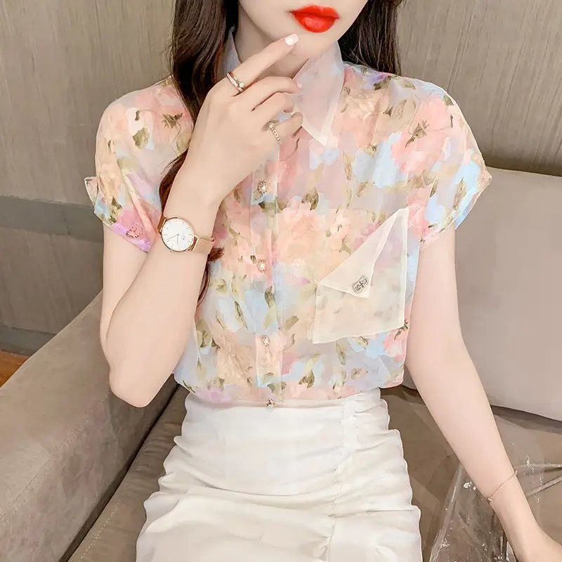 Summer New Floral Chiffon Blouse Short Sleeve Thin Polo Neck All-match Printing Sweet Shirt Tops Fashion Elegant Women Clothing