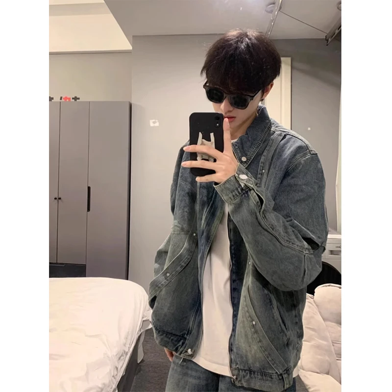 

Деконструированный джинсовый жакет для мужчин в американском ретро-стиле, модный, с ощущением высокого класса, крутой дизайн, пэчворк, рабочая одежда