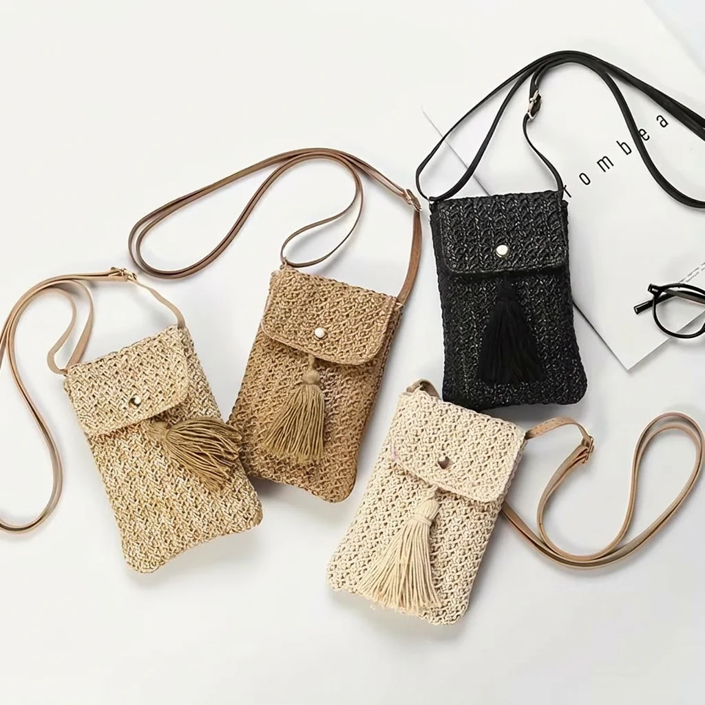 Straw Crossbody Bag Women Mini Woven Shoulder Phone Purse Tassel Boho Summer Beach Holiday Bag Small Messenger Pouch Casual view 3