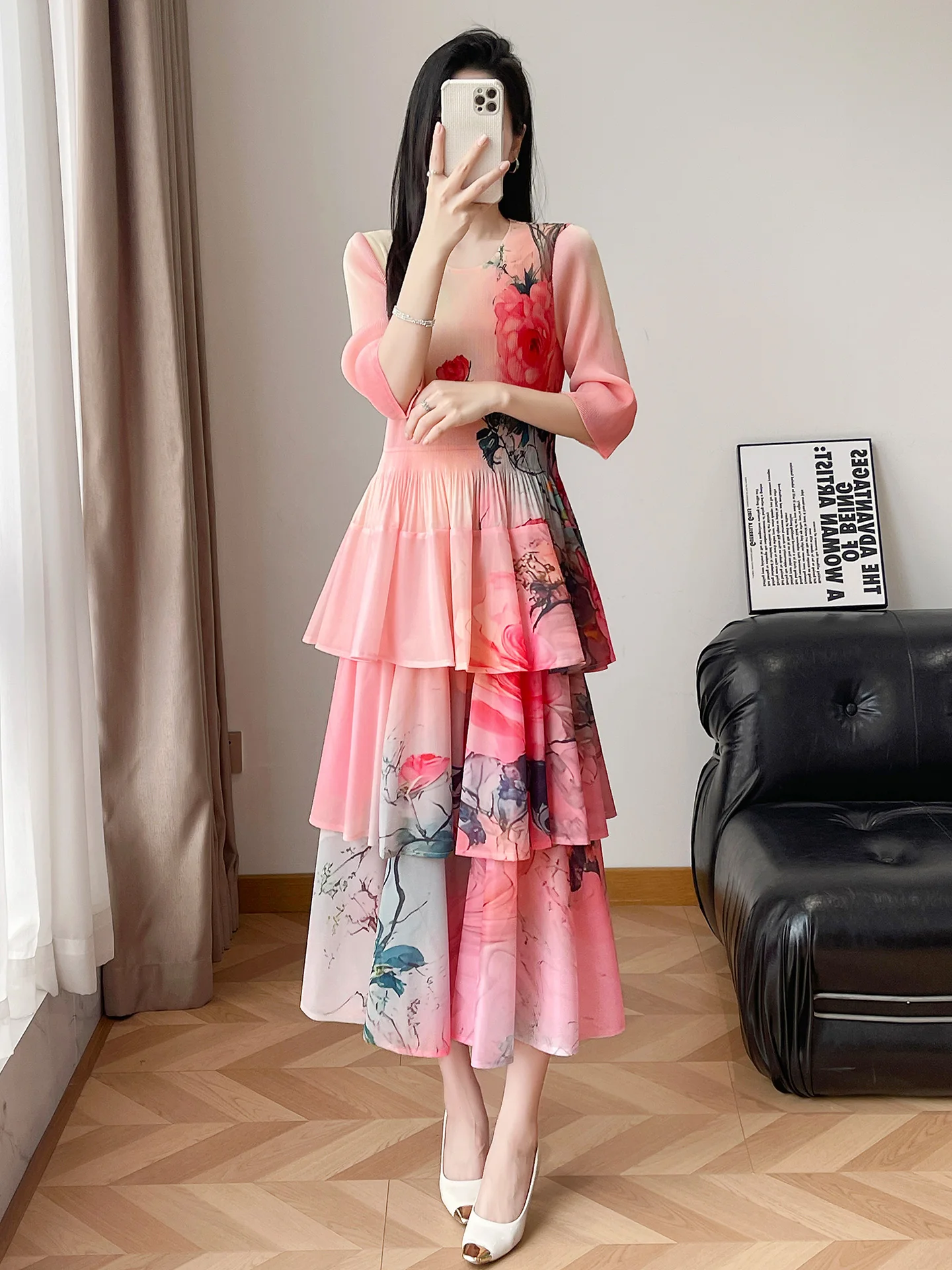

Elegant Rose Print Pleated Summer Dress Women's Cake Skirt Long Dress Slimming Large Size Polyester Fiber High Elasticity