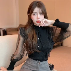 Sexy Long Sleeve Stand Black Chiffon Shirts Short Slim Vintage Blusas Mujer Patchwork Blouse White Mesh Dot Polka Knitted Top