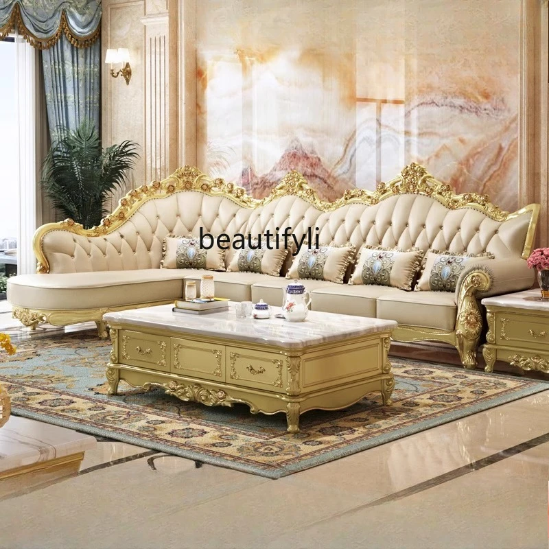 European Style Corner Sofa Set Living Room Fully Equipped Solid Wood Carved Leather Corner Chaise Villa Furniture