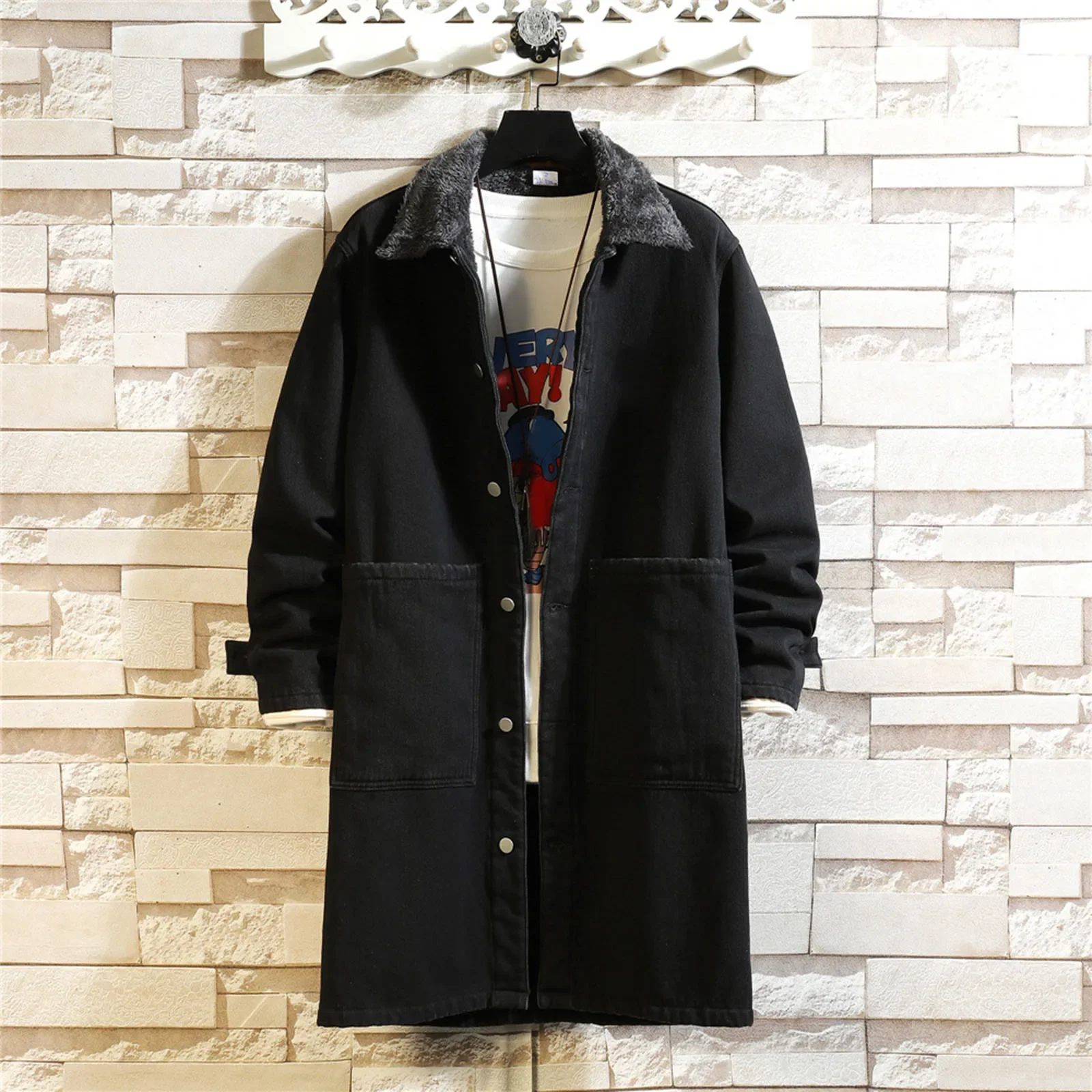 

Mens Winter and Autumn Jacket Loose Casual Denim Trench Coat Long Coat Lightweight Workwear Jacket