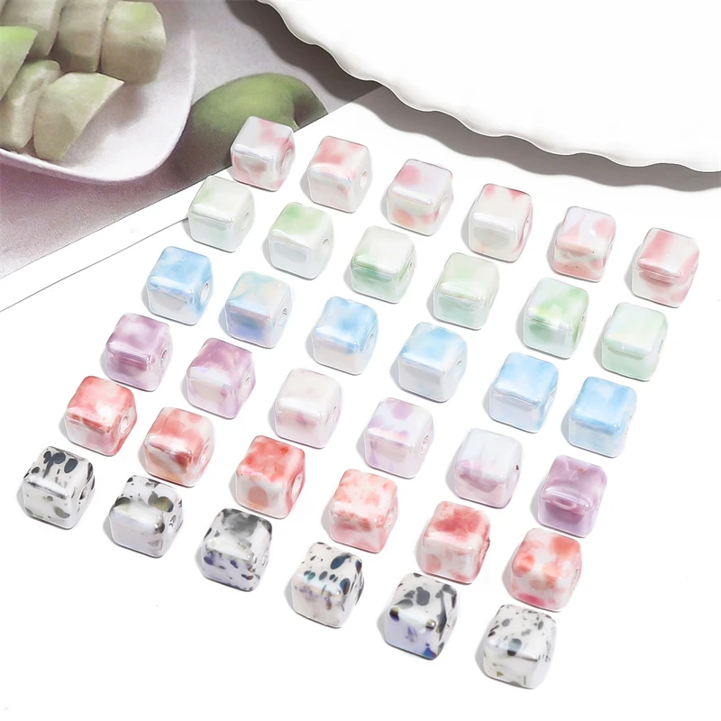 10pcs Fashion Colors 8x8mm Square Beads Cube Ceramic Porcelain Beads DIY 2.5mm Hole Handmade For Bracelet Jewelry Making Craft