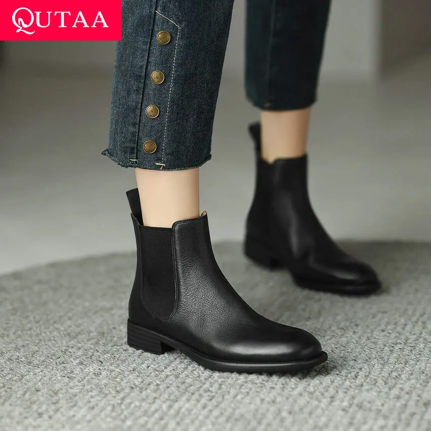 

QUTAA 2024 Women Ankle Boots Autumn Winter Genuine Leather Shoes Woman Thick Low Heels Round Toe Office Lady Working Size 34-40