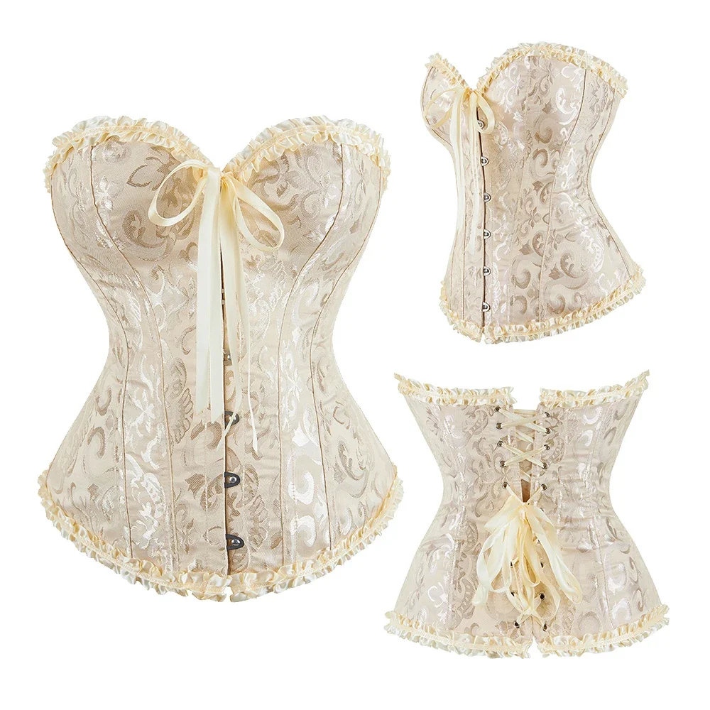 

Women Sexy Overbust Corset Korset Basques Floral Lace Top Bustier Jacquard Lingerie Corselet