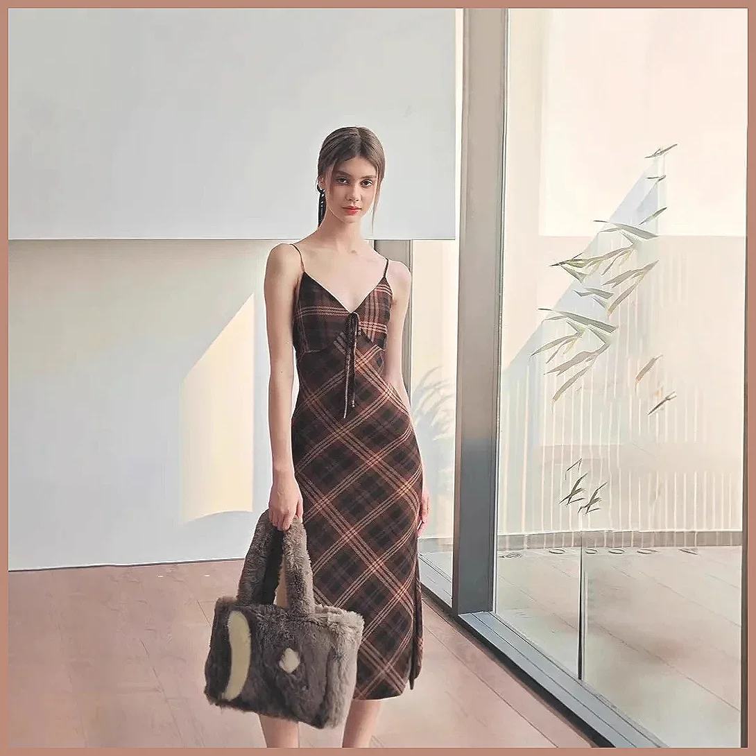 Abito Vintage a Quadri per Donna, Elegante Vestito Lungo Senza Maniche con Scollo a V e Spacco Laterale per Feste Serali (Caratteri: 78)