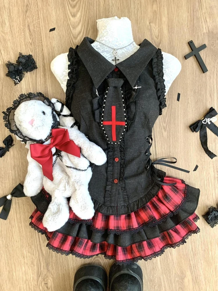 Japanese Dark Academia Gothic 2 Piece Set Women Slim Sleeveless Top + Plaid Cake Skirt New Vintage Fashion Sweet JK Outfit 2025 - Image 2