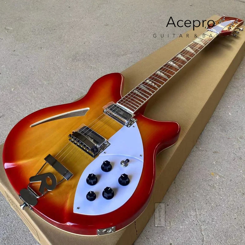 Guitarra eléctrica de cuerpo semi hueco de 6 cuerdas en stock, color Cherry Sunburst, 24 trastes, diapasón de palisandro, pickguard blanco.