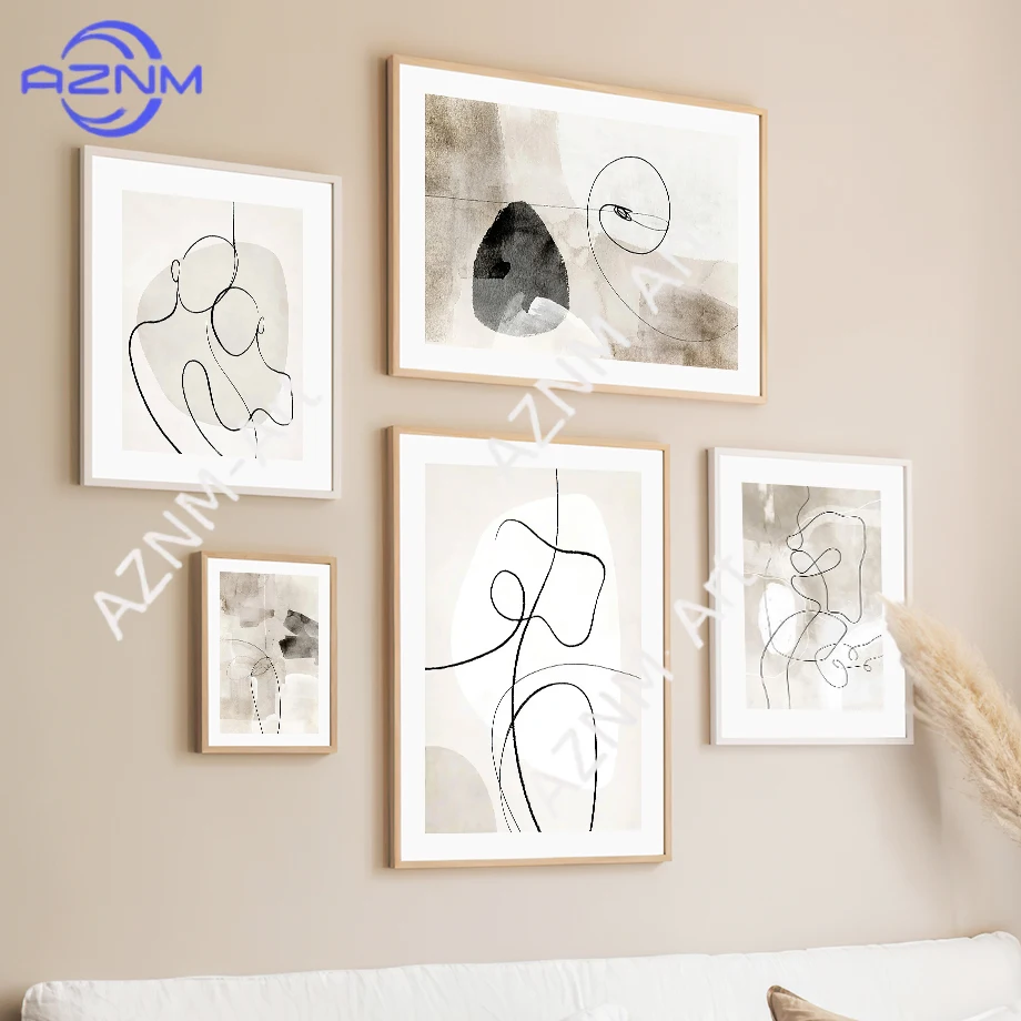 Beige Lines Couple Body Flower Abstract Art Posters And Prints Wall Art Canvas Painting Hotel Bar Pictures For Living Room Decor