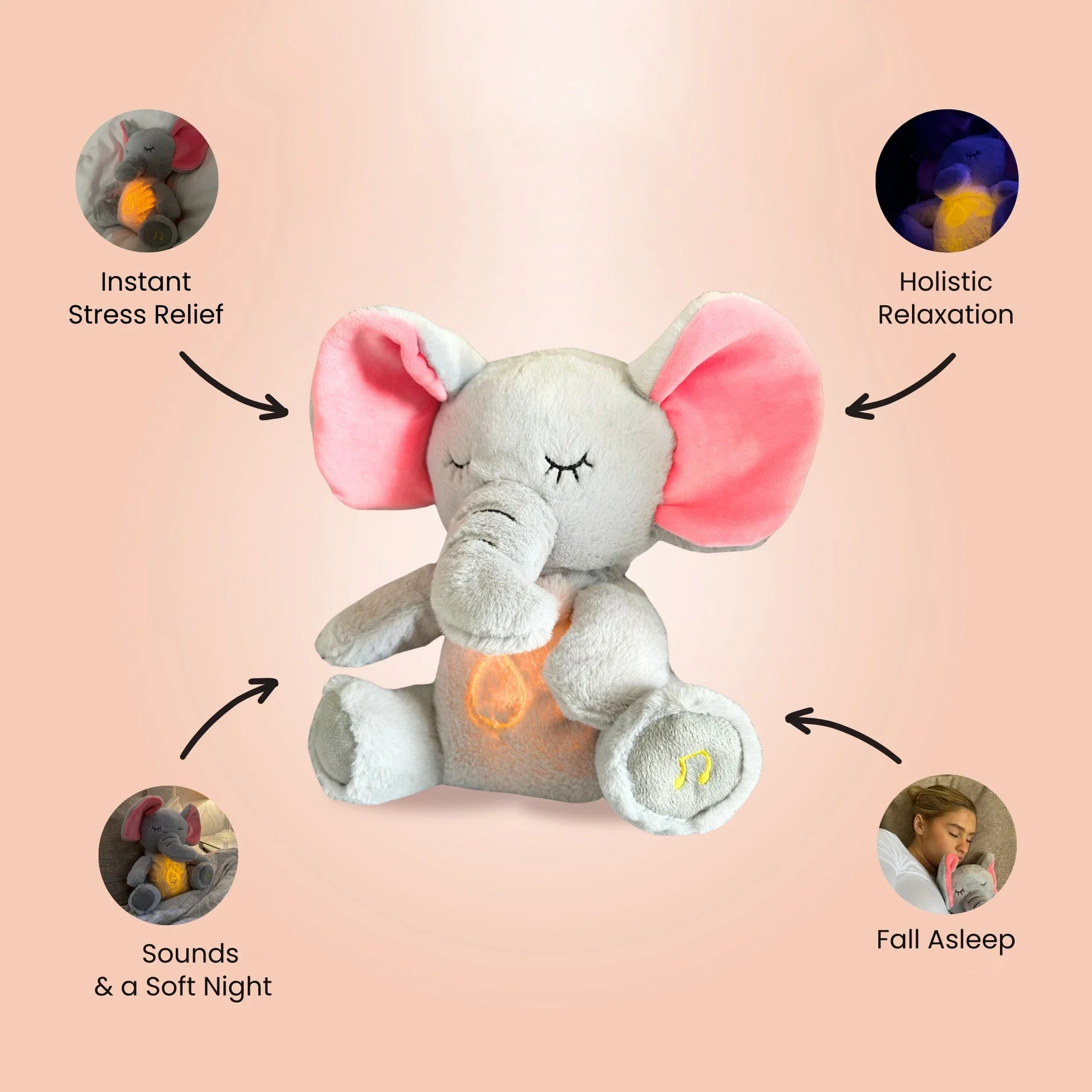 

4 Modes Baby Breathing Soothing Elephant Plush Doll Toy Sleeping Companion Music and Light Doll Sensory Stuffed Toy Kids Gift