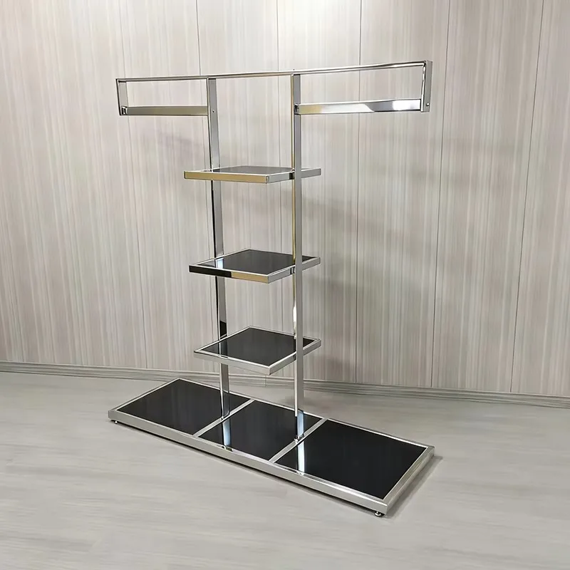 Commercial floor-standing hanger with multi-tier shelves and shoe display