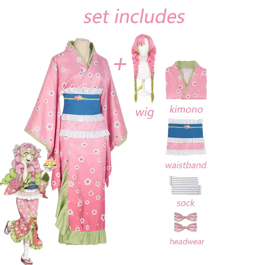 Kanroji Mitsuri Cosplay Costume  Love Hashira Pink Floral Kimono Full Set With Wig Comic Con,Carnival,Halloween,Role Playing set view 2