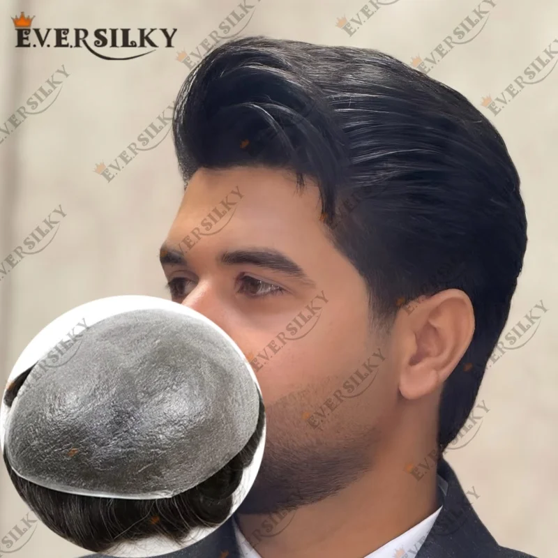 جلد قوي 0.02-0.03 مللي متر كامل بو قاعدة الصلع الشعر البشري أسود أشقر بني خط الشعر الطبيعي 6 ''نظام استبدال الشعر المستعار للرجال #1