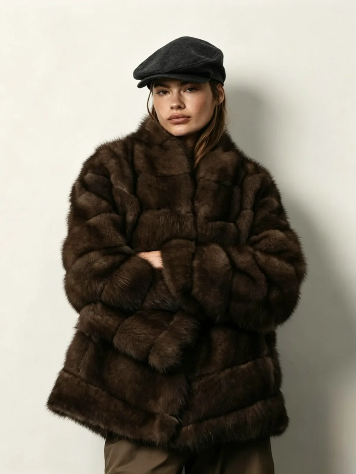 DFDG Women 2026 Horizontal Stripe Faux Fur Short Jacket Stand Collar Luxury Thick Warm Winter Daily Outerwear Fashion Fur Coat