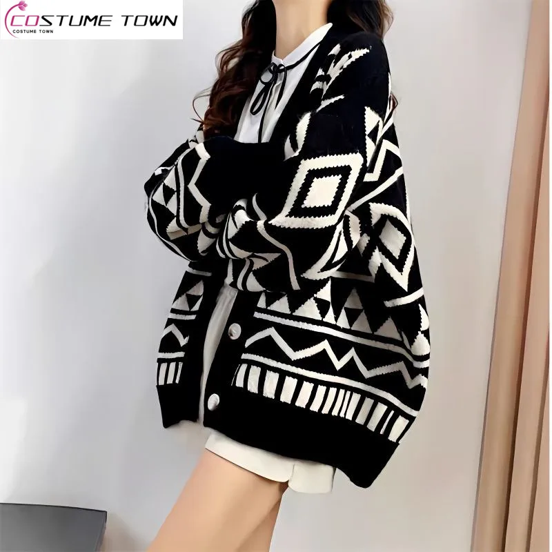 

New Loose Knitted Cardigan Women's Autumn/Winter Contrast Color Loose Fashion Lazy Style Versatile Sweater Coat