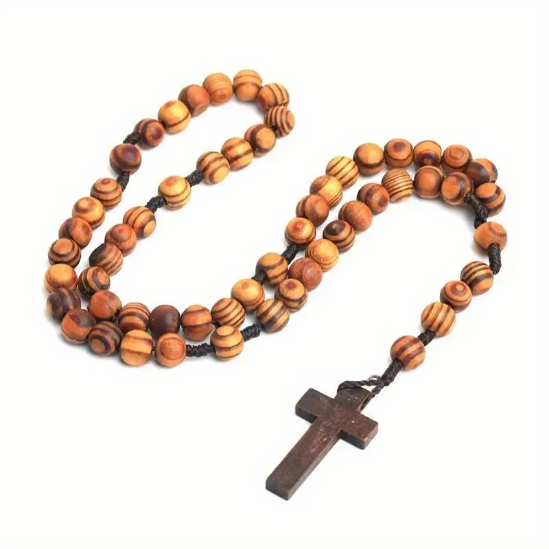 Vintage Wood Rosary Beaded Necklace Jesus Cross Pendant Religious Jewelry for Men Women Daily Car Decor