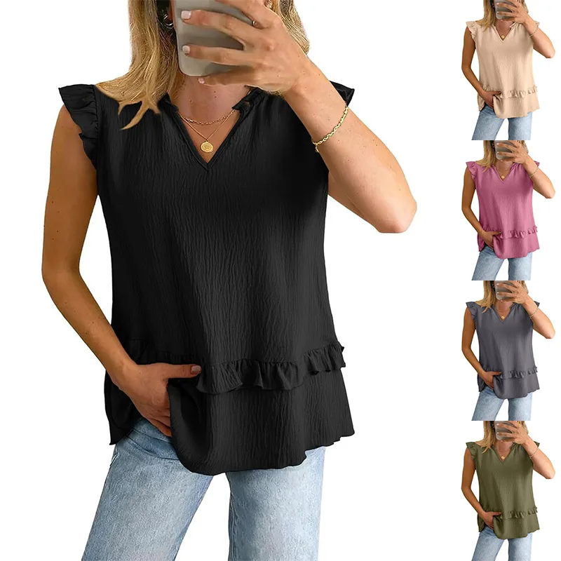 Blusas Elegantes de Gasa con Volantes y Cuello en V sin Mangas para Mujer, Camisas Holgadas Sólidas Casuales de Verano, Tops Negros de Moda Casual para Dama, Novedad 2026
