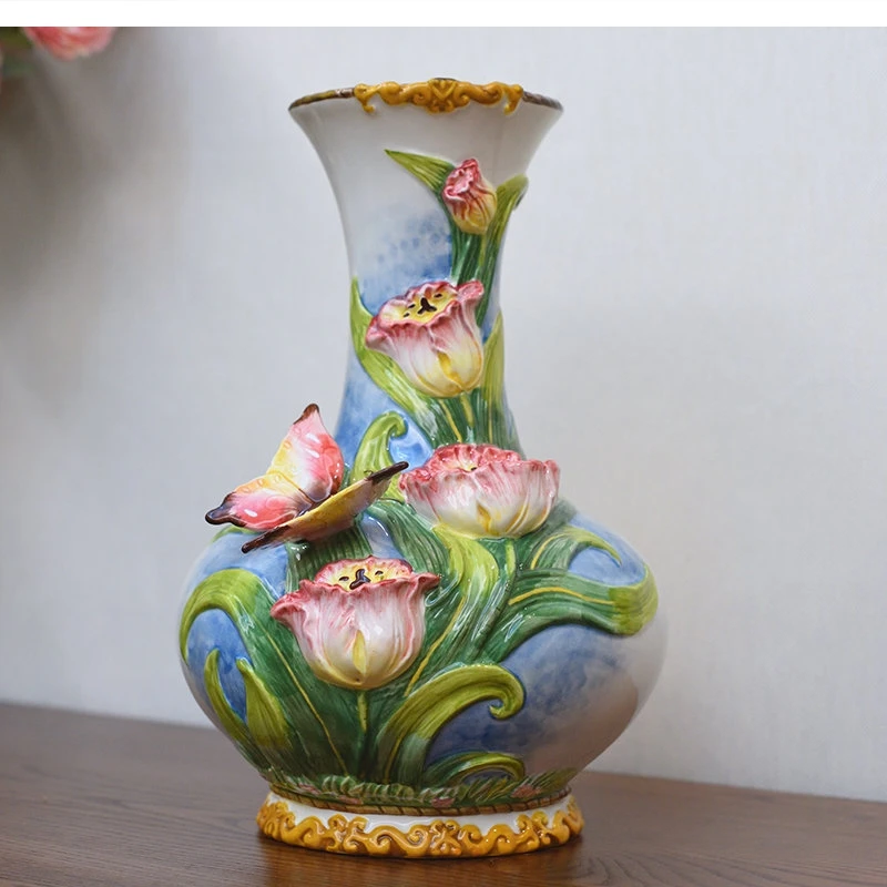 Nordic Ceramic Vase Hand - Made Underglaze 3D Tulip Home Decoration Living Room Accessories23x21x31.5CM