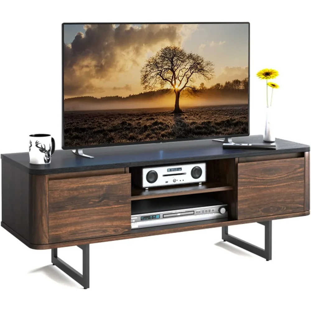 طاولة كونسول خشبية بحامل تلفزيون مقاس 55 بوصة مع قاعدة معدنية، وخزائن تخزين ببابين، ورف قابل للتعديل، وإدارة الكابلات