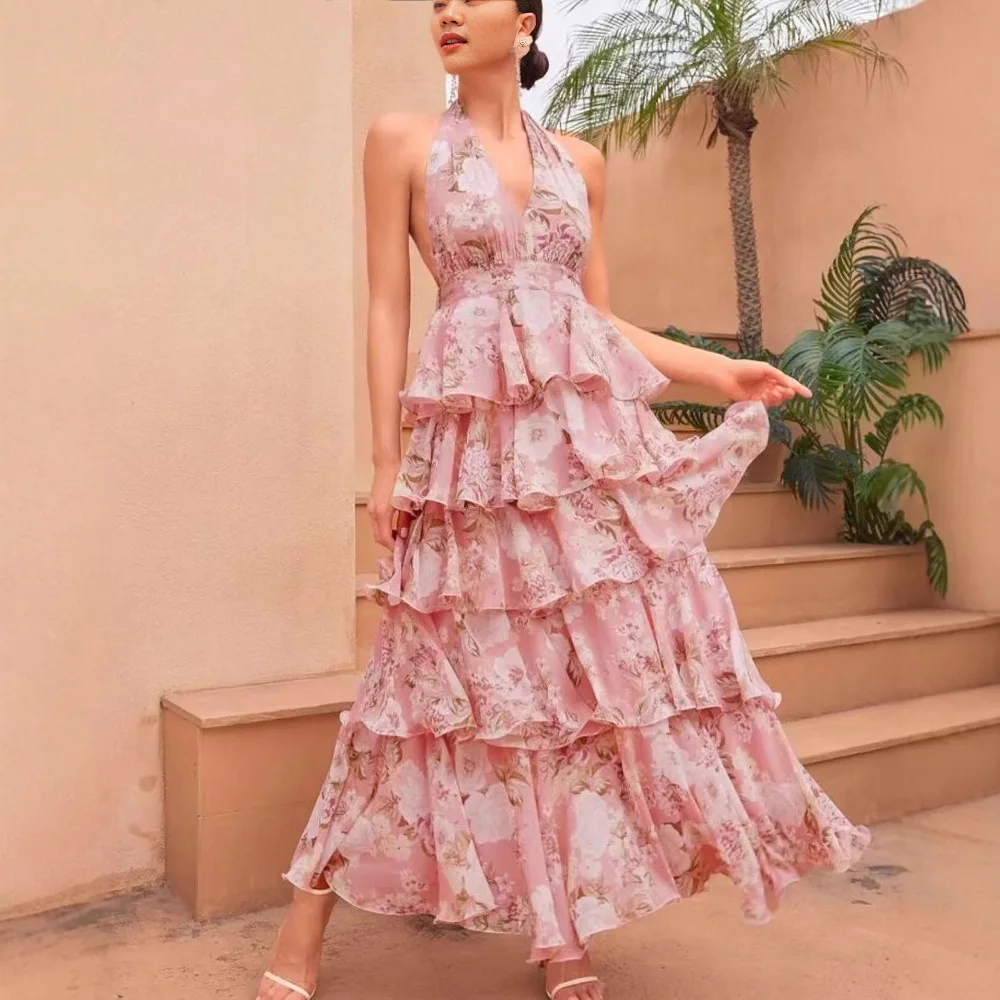 2025 verão novo sexy com decote em v cinta feminina vestido multi camada moda impressa feminino pendurado pescoço vestidos longos