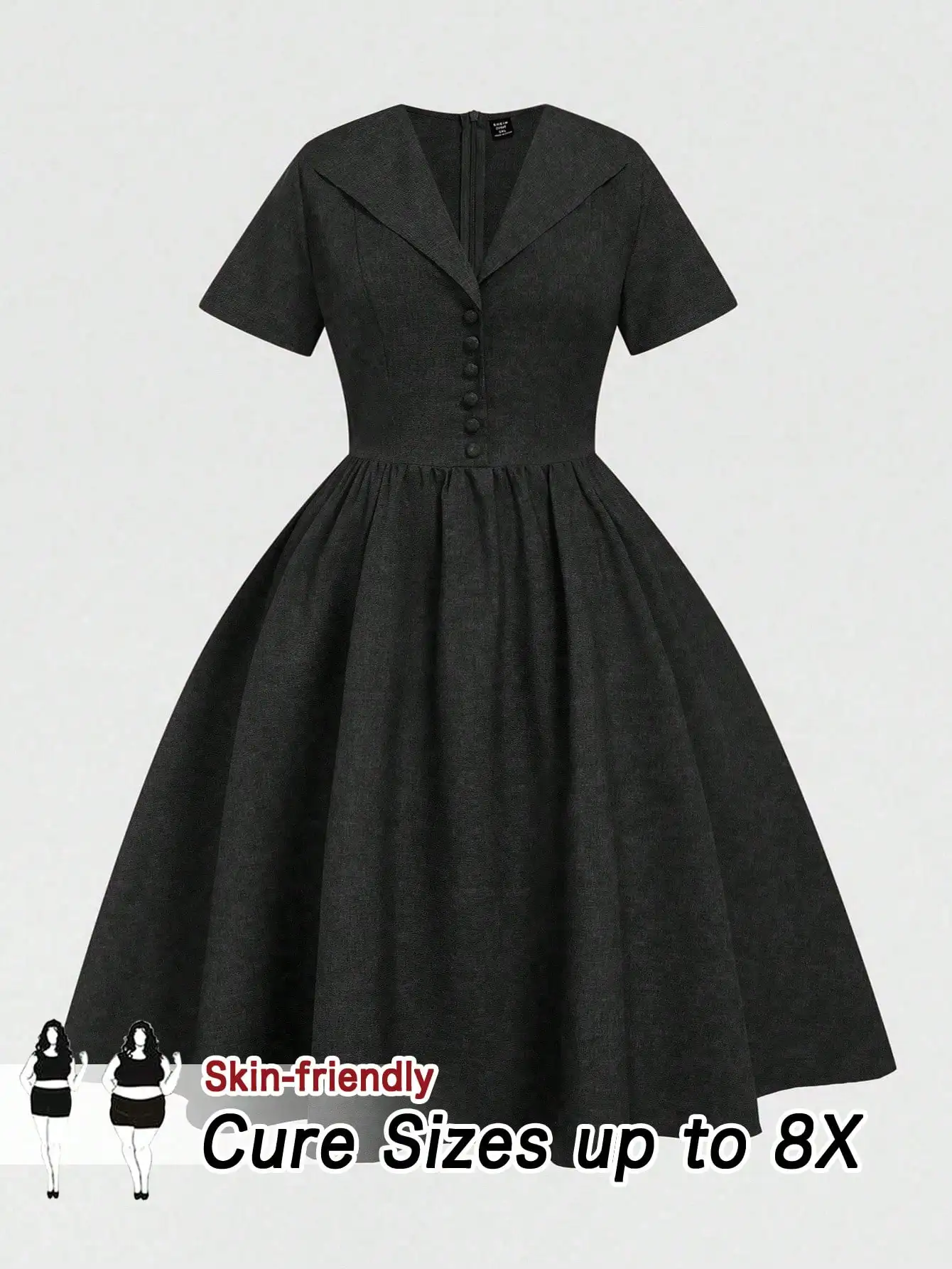 

Платье А-силуэта больших размеров в винтажном стиле, однотонное черное, с короткими рукавами и пуговицами спереди