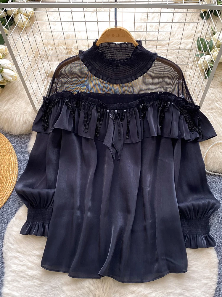 

Женская блузка из сетки с открытыми плечами, рукавами-фонариками и рюшами, свободный универсальный топ для повседневной носки, женская рубашка BL389