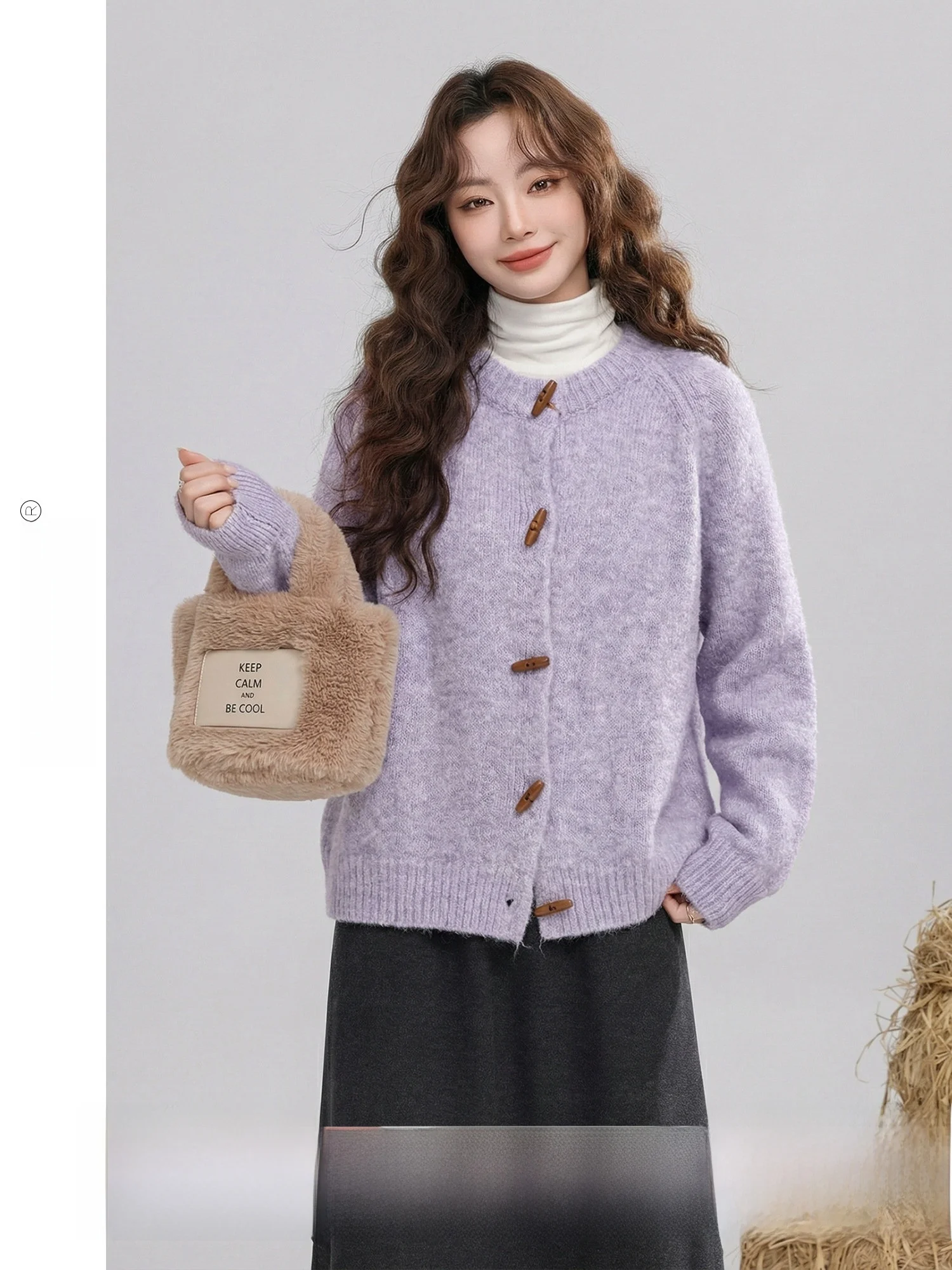 

Soft Cozy Purple Loose Women's Knitted Cardigan Vintage Style Long Sleeve round Neck Button up Sweater for Autumn Winter