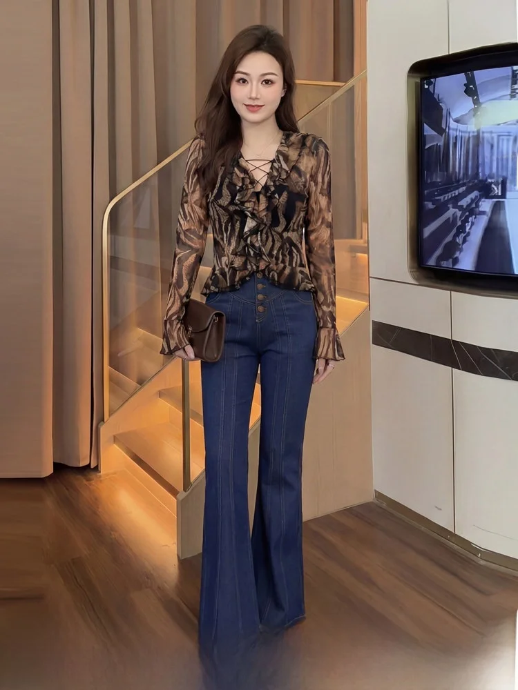 

Retro Leopard Print Bell Bottom Jeans And Shirt Set plus Size Women's Summer Fashion Korean Style High Waist Long Sleeve V Neck