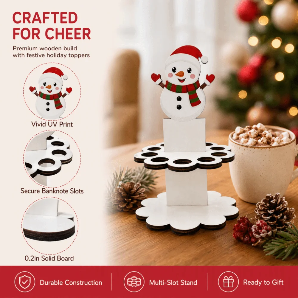 Snowman 10 Holes Christmas Cash Holder Wooden Festive Ornament Money Dispenser Decorative Gift Xmas Gift Festive Occasions