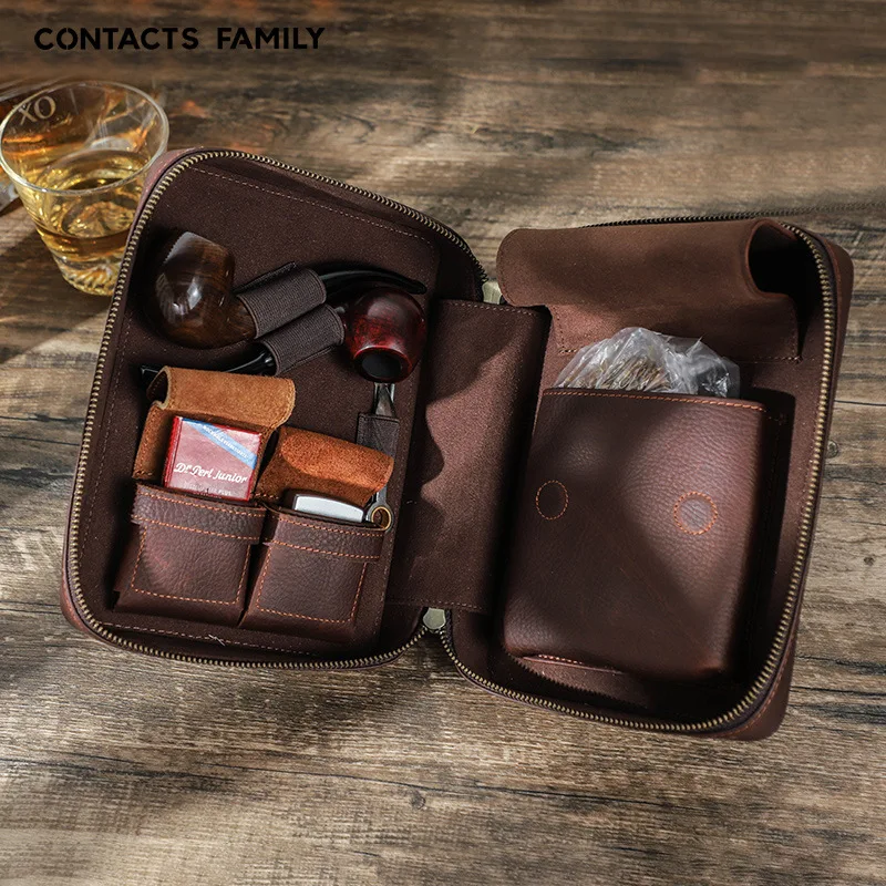 Grained embossed cowhide pipe bag for outdoor travel, convenient portable pipe and tobacco storage box set