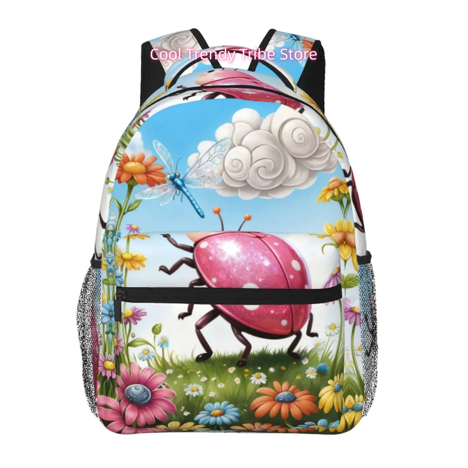 Pink Ladybug And Dragonfly in Flower Garden Print Backpack, Oxford Cloth, Adjustable Shoulder Straps, for Daily Outings, Travel