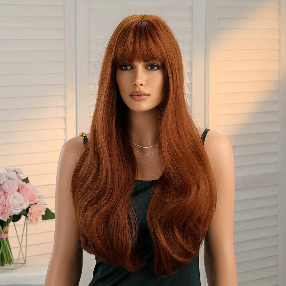 Long Natural Wavy Orange Women with Bangs Hair Party Daily Wigs