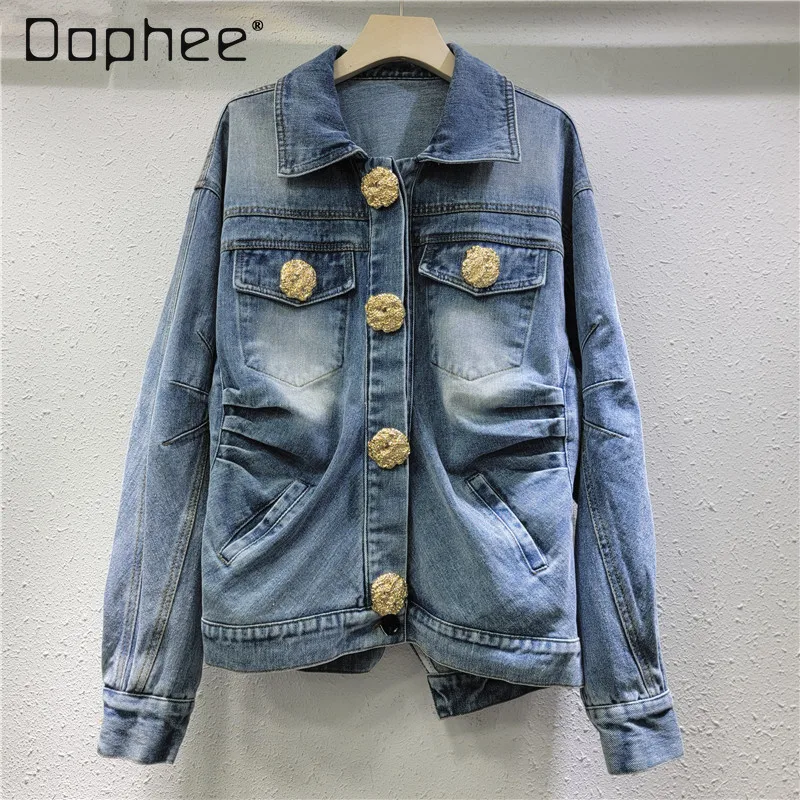 

Винтажная потертая джинсовая синяя морщинистая тонкая куртка с длинным рукавом и отложным воротником в европейском стиле, модные свободные повседневные куртки для женщин
