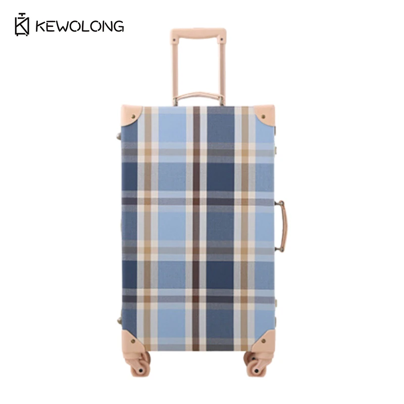 

Чемодан на колесиках с синим клетчатым узором в стиле ретро, 20/24/26 дюймов, чемодан из искусственной кожи с вращающимися колесами и ручкой тележки