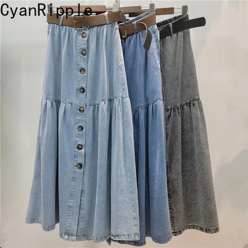 Fashion Lady New Spring Summer Elegant Elastic Waist Ultra Long A-line Skirt Single-breasted All-match Casual Women Denim Skirts