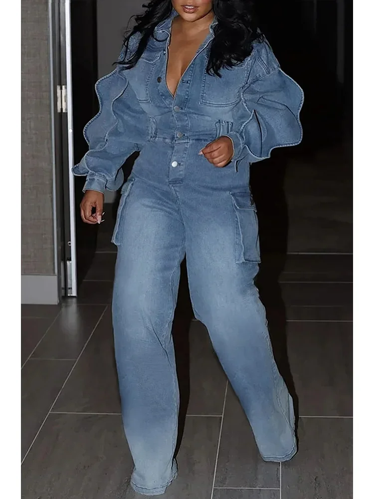 Plus Size Women\'s Denim Cargo Jumpsuit Puff Sleeve Zipper Lantern Sleeve Streetwear Harajuku Vintage Casual Pockets Rompers 2024