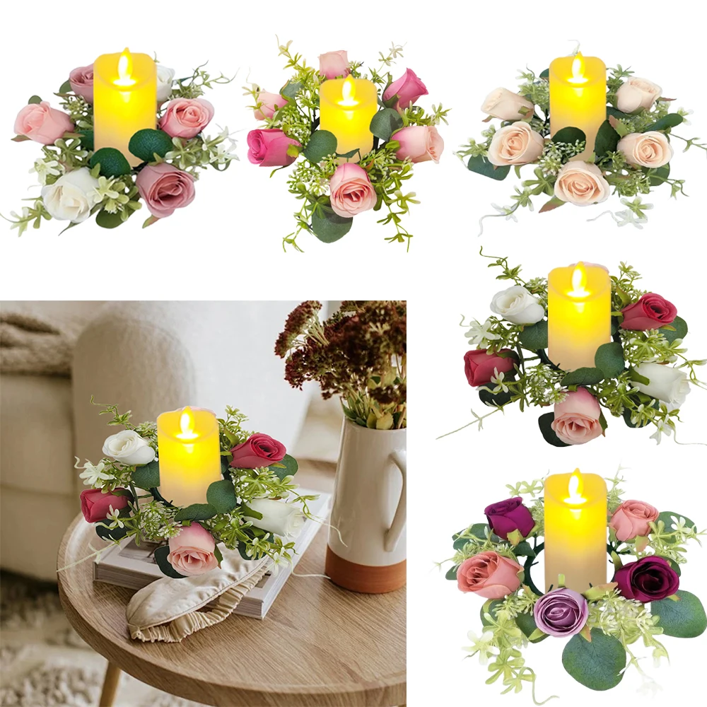 1 قطعة ضوء شمعة و 1 قطعة الشمعدان جارلاند ، شمعة إكليل شمعة حامل نبات اصطناعي إكليل الزهور الاصطناعية حلقة ديكور للطاولات