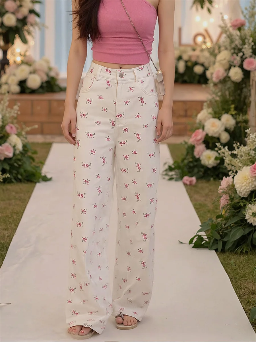 달콤한 꽃무늬 하이웨이스트 청바지 여성용 데님 팬츠 여름 나일론 테이퍼드 E-걸 비치웨어 휴가 리조트 BF