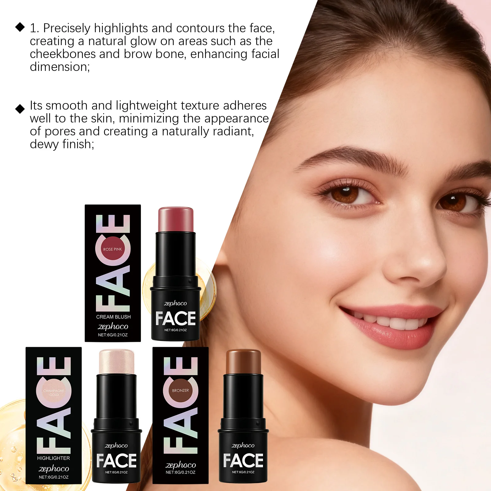 샴페인 골드 하이라이터 스틱 크리미 쉬머 페이스 일루미네이터 컨투어 메이크업 글로우 모든 피부 타입용 휴대용 터치업