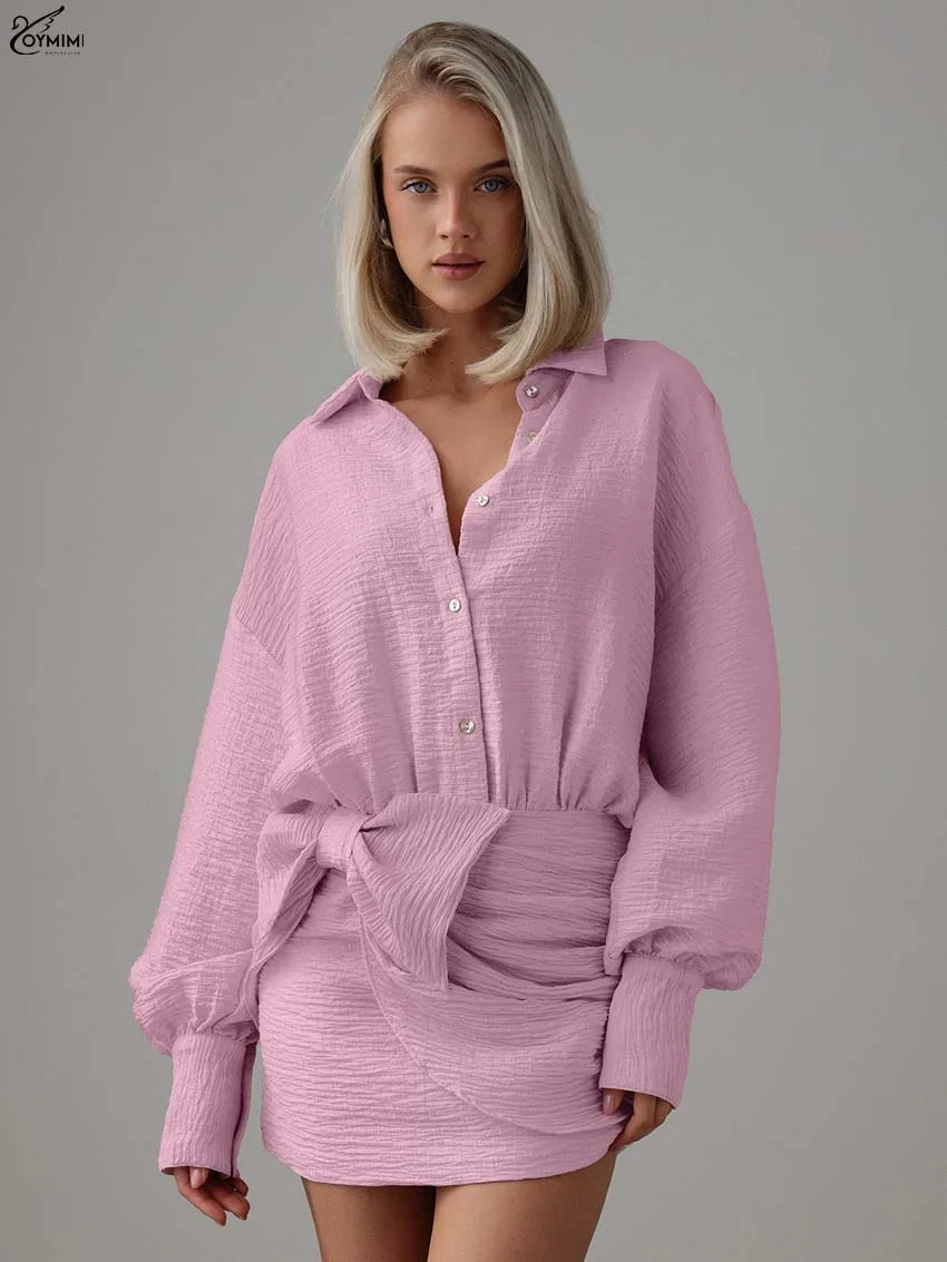 

Oymimi Elegant Pink Jacquard Womens Dresses Fashion Lapel Long Sleeve Button Dresses Autumn Lace-Up Mini Dress Female Clothing